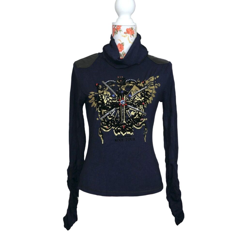 Vintage Paolo Santini Sz Large  Y2K Rocker Long Sleeve Turtleneck Shirt Beaded